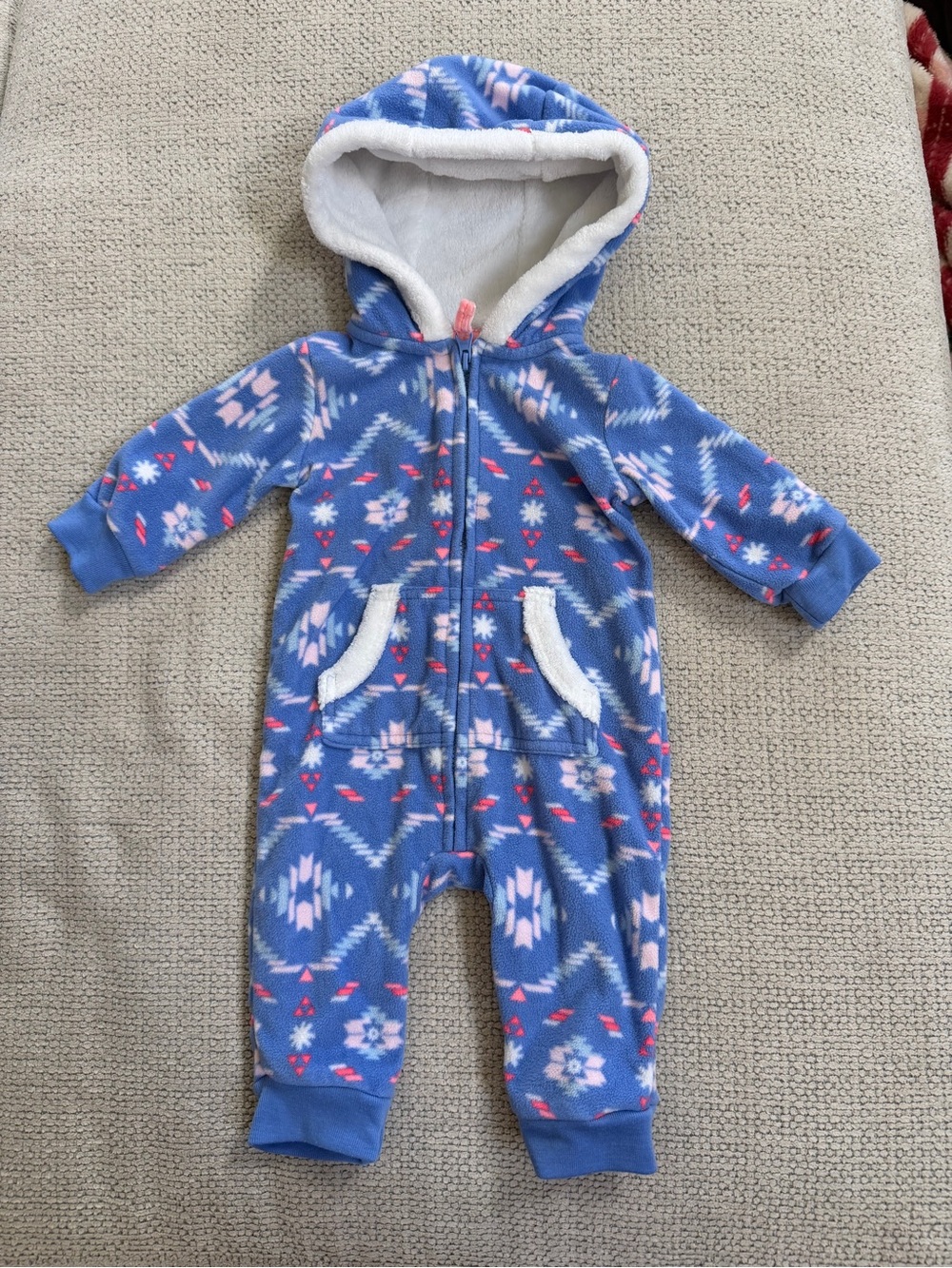 Baby Blue Hooded Fleece One-Piece with Sherpa Lining